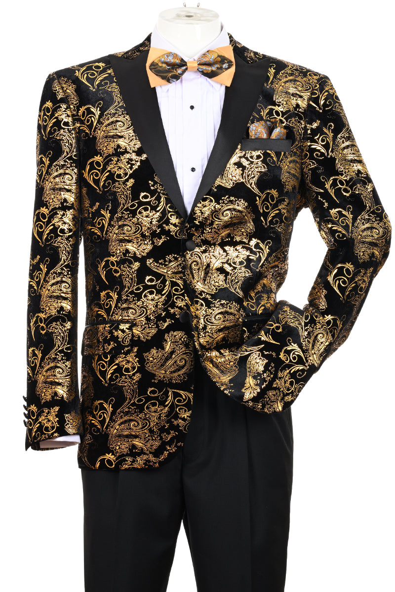 Men's Modern Fit Velvet Floral Paisley Foil Tuxedo Jacket in Gold & Black