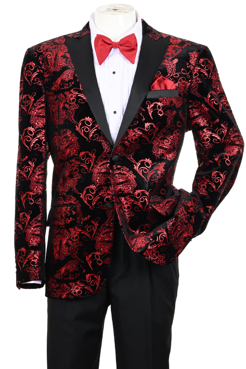 Men's Modern Fit Velvet Floral Paisley Foil Tuxedo Jacket in Red & Black