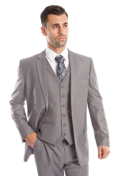 Men's Vested Two Button Solid Color Wedding & Business Suit in Light Grey