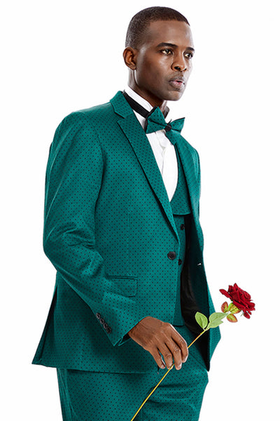Men's One Button Vested Mini Polka Dot Prom Suit in Green & Black