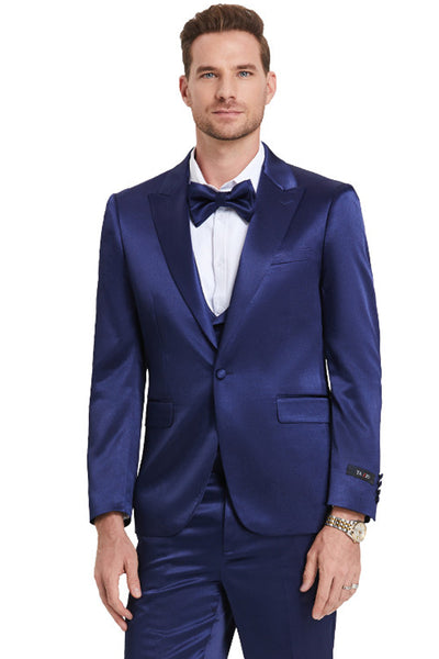 Men's One Button Vested Shiny Satin Sharksking Prom & Wedding Party Suit in Indigo Navy Blue