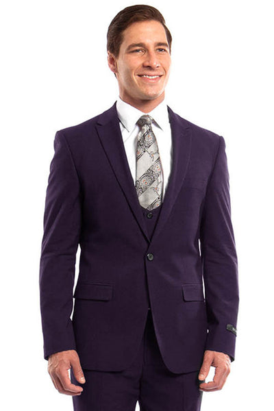 Men's One Button Peak Lapel Skinny Wedding & Prom Suit with Lowcut Vest in Eggplant