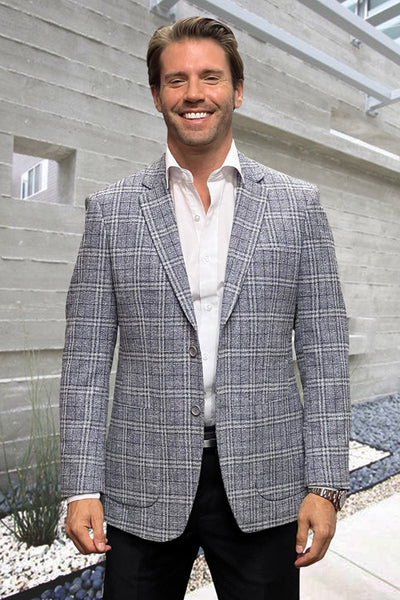 Men's Modern Fit Wool & Cashmere Patch Pocket Sport Coat Blazer in Grey Windowpane Plaid 