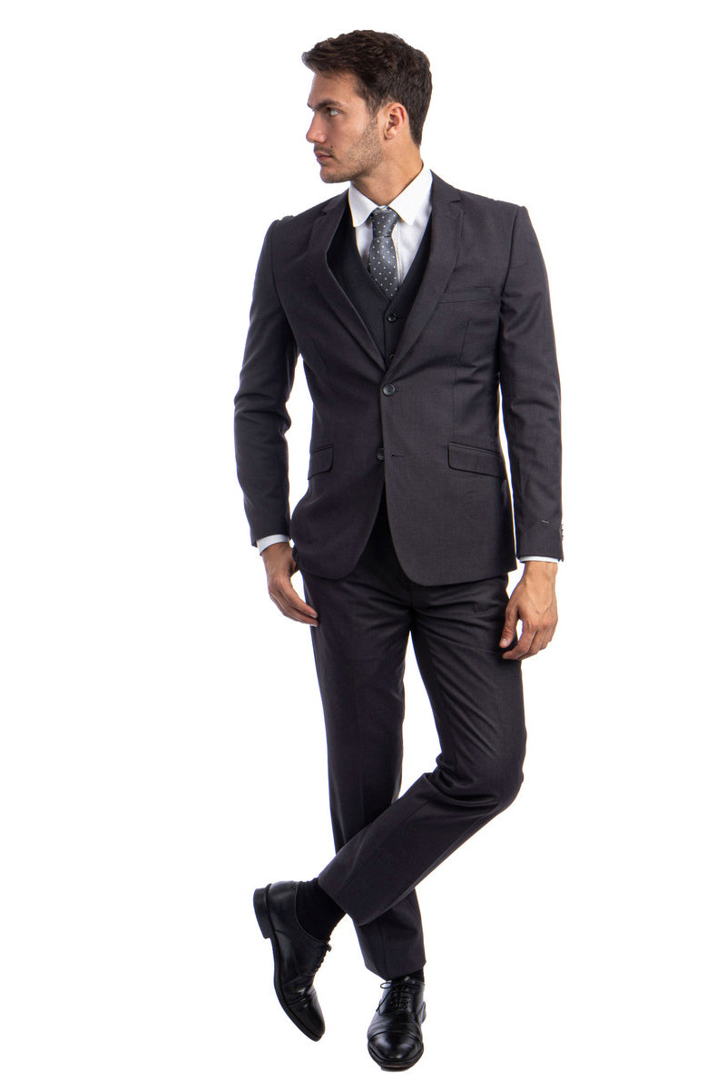 Men's Two Button Basic Hybrid Fit Vested Suit in Charcoal Grey