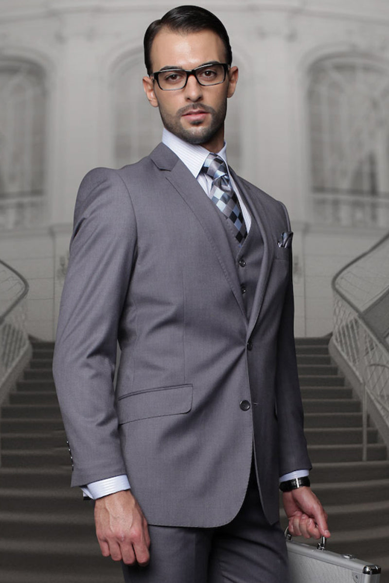 Men's Designer Classic Fit Pleated Pant Vested Wool Suit in Charcoal Grey