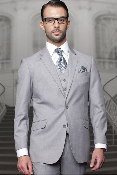 Men's Designer Classic Fit Pleated Pant Vested Wool Suit in Grey