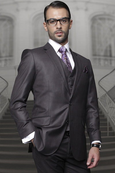 Men's Designer Classic Fit Pleated Pant Vested Wool Suit in Charcoal