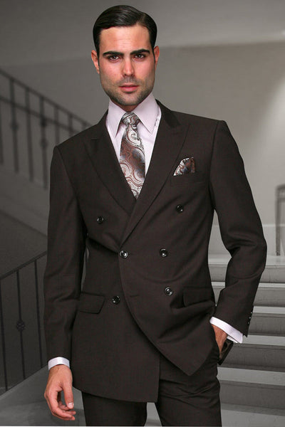 Men's Designer Classic Fit Double Breasted Wool Suit in Brown