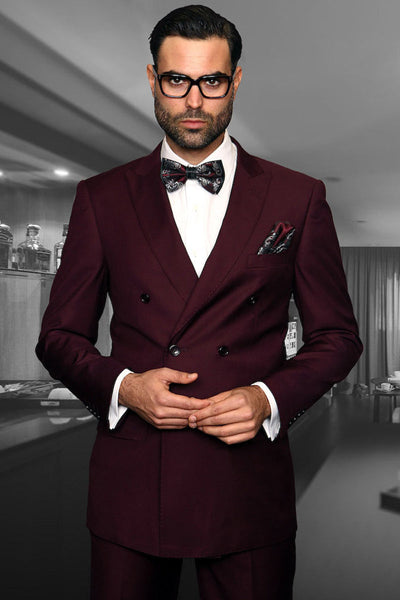 Men's Designer Classic Fit Double Breasted Wool Suit in Burgundy