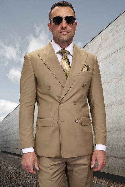 Men's Designer Classic Fit Double Breasted Wool Suit in Caramel Khaki