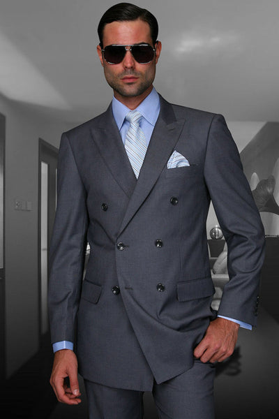 Men's Designer Classic Fit Double Breasted Wool Suit in Charcoal Grey