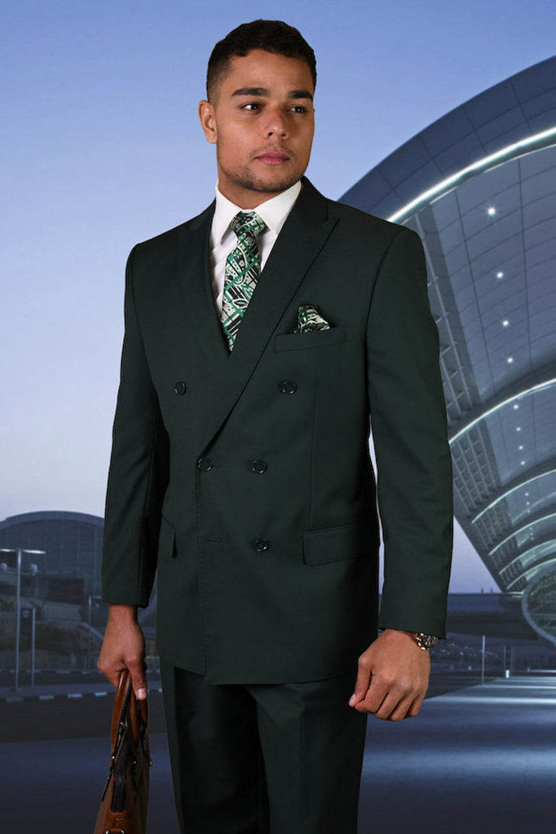 Men's Designer Classic Fit Double Breasted Wool Suit in Hunter Green