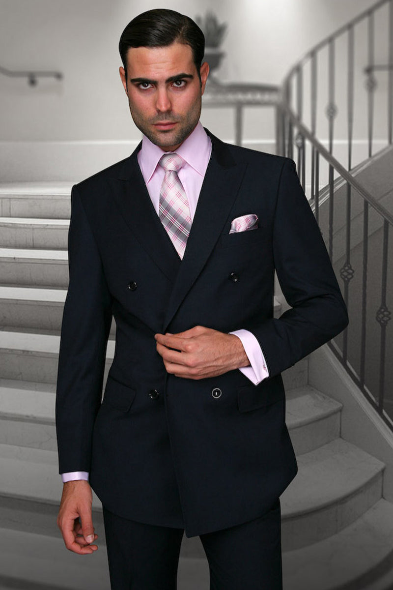 Men's Designer Classic Fit Double Breasted Wool Suit in Navy Blue