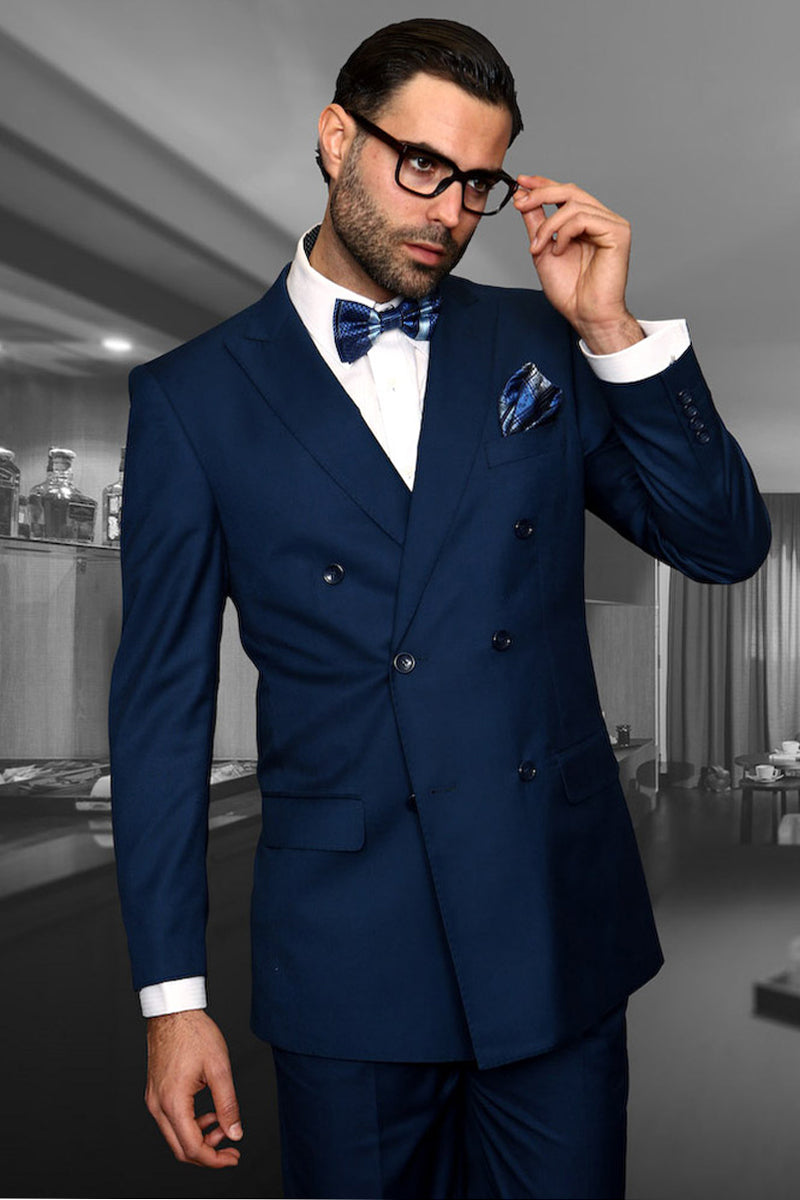 Men's Designer Classic Fit Double Breasted Wool Suit in Sapphire Blue