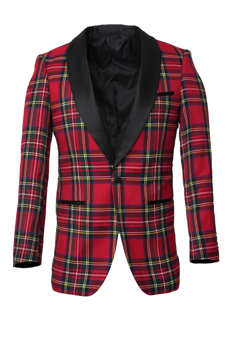 Men's Christmas Holiday Tuxedo Jacket Blazer in Red Tartan Plaid