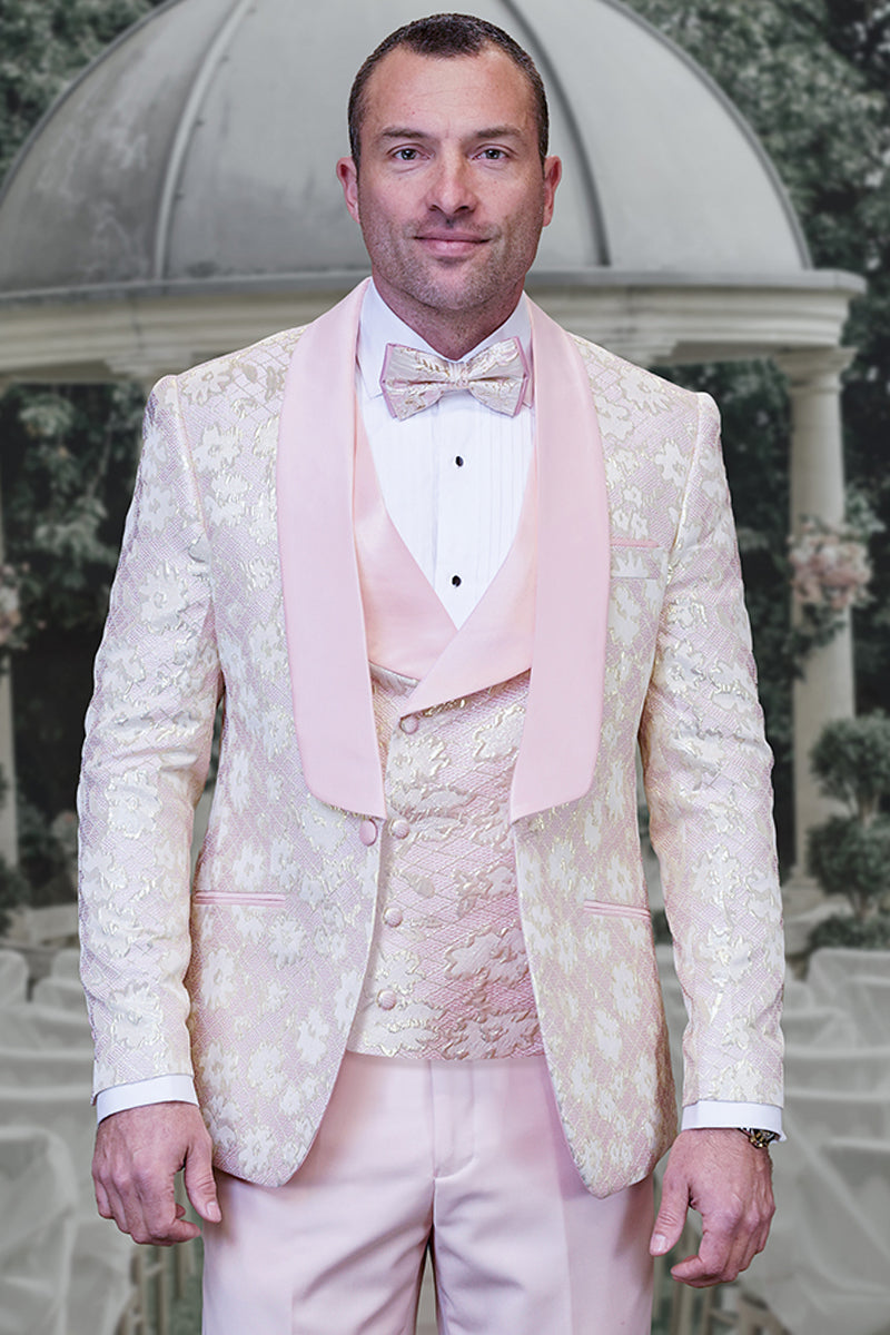 Men's Designer Vested Wedding & Prom Tuxedo in Blush Pink & Gold Floral Paisley