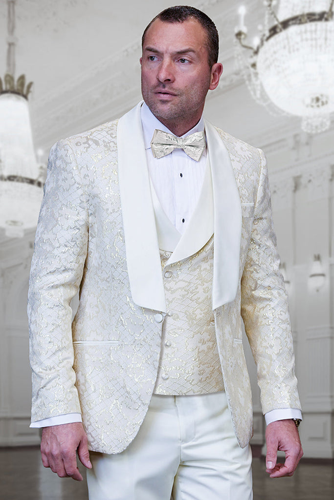 Men's Designer Vested Wedding Prom Tuxedo in Ivory Off White Gold  Floral Paisley