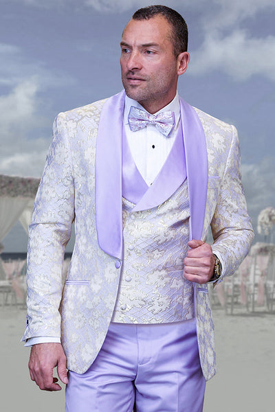 Men's Designer Vested Wedding & Prom Tuxedo in Purple & Gold Floral Paisley