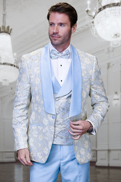 Men's Designer Vested Wedding & Prom Tuxedo in Sky Blue & Gold Floral Paisley