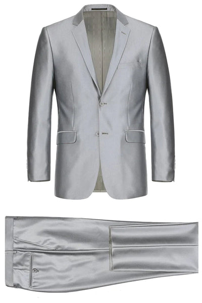 Mens Basic Two Button Classic Fit Suit in Shiny Silver Grey Sharkskin | CLOSE OUT 40L