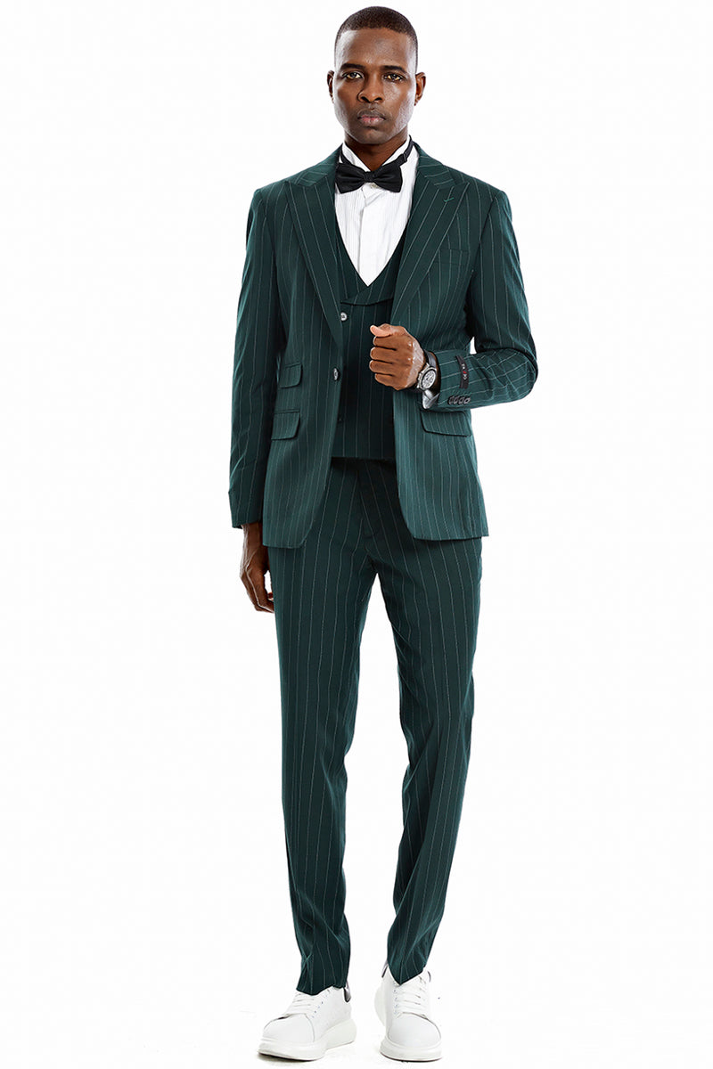 Men's One Button Vested Wide Peak Lapel Bold Gangster Pinstripe Suit in Hunter Green