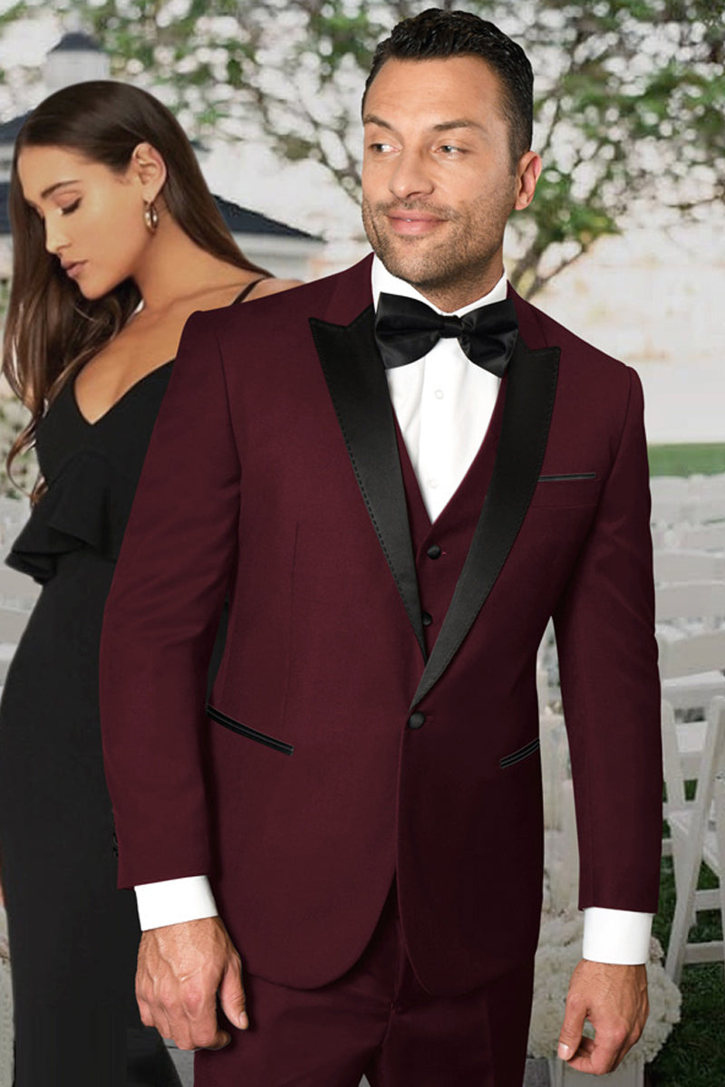 Men's Vested One Button Peak Lapel Designer Wedding Tuxedo in Burgundy