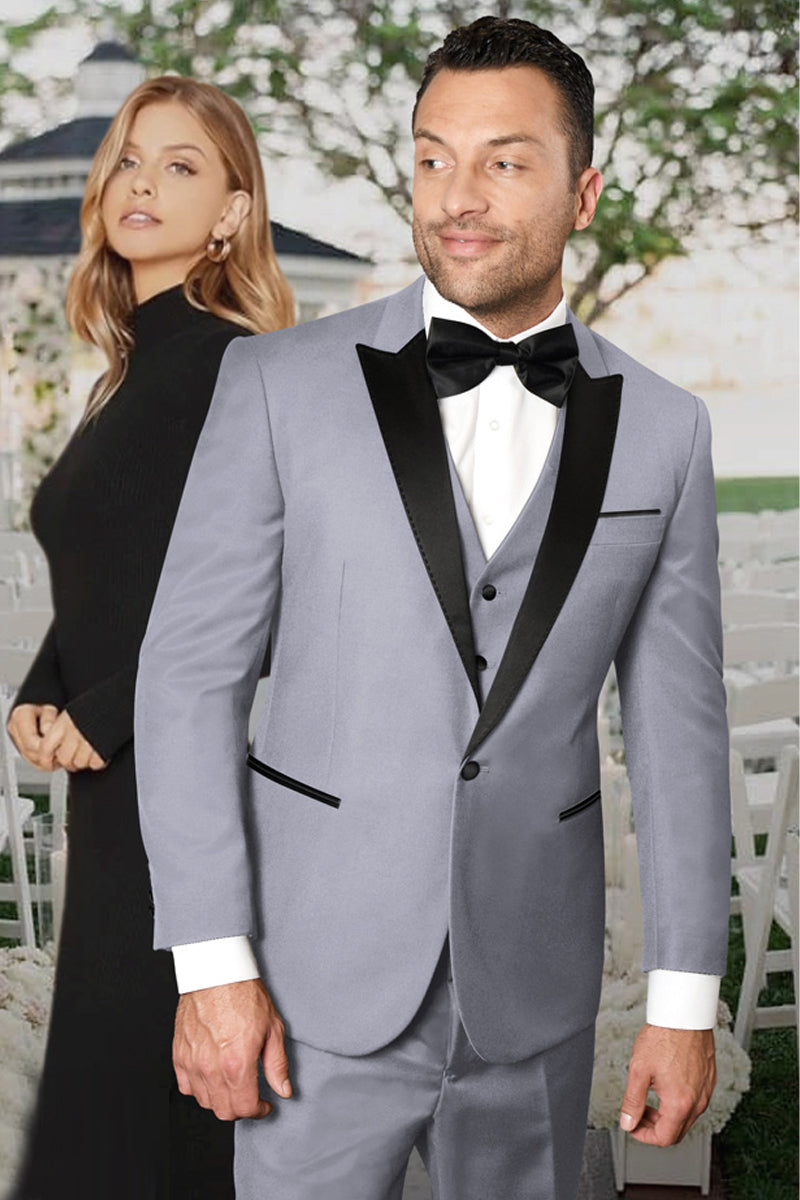 Men's Vested One Button Peak Lapel Designer Wedding Tuxedo in Grey