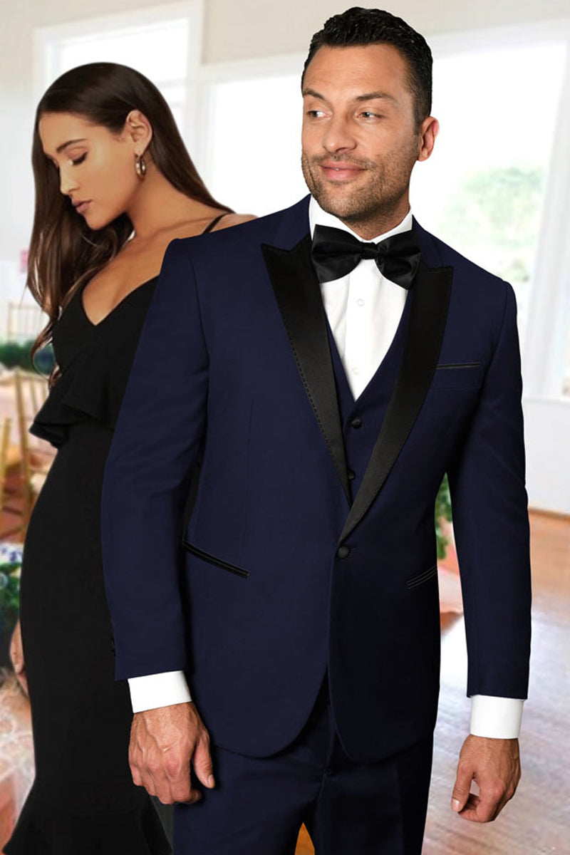 Men's Vested One Button Peak Lapel Designer Wedding Tuxedo in Navy