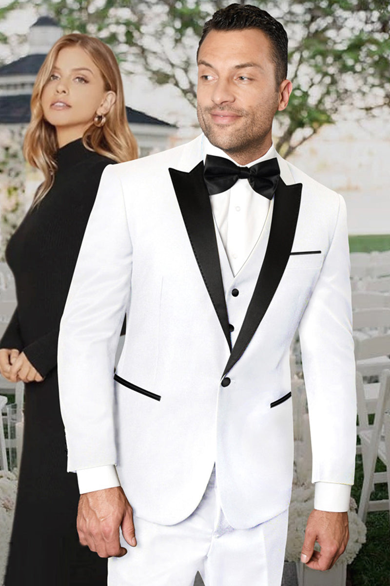 Men's Vested One Button Peak Lapel Designer Wedding Tuxedo in White