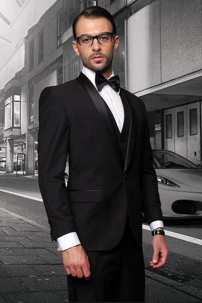 Men's Designer Wool One Button Shawl Lapel Wedding Tuxedo in Black