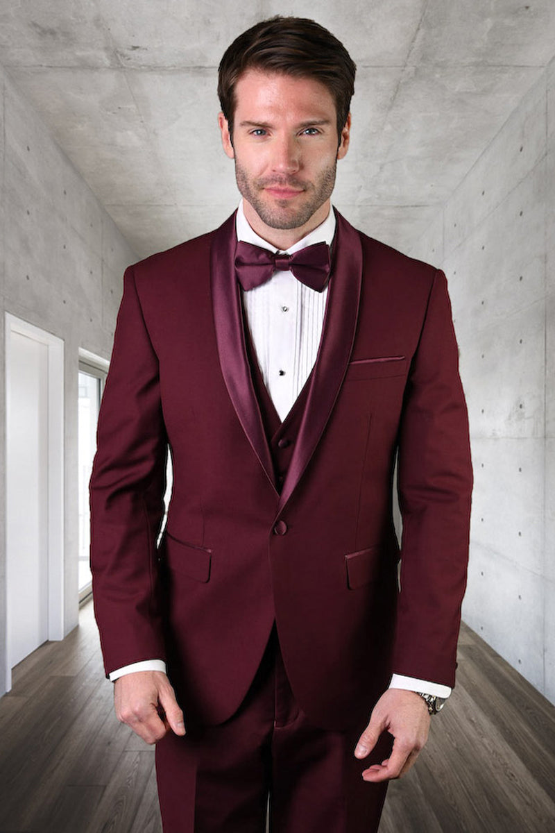 Men's Designer Wool One Button Shawl Lapel Wedding Tuxedo in Burgundy