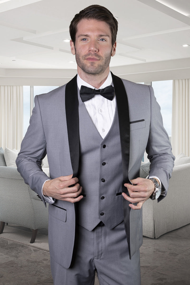 Men's Designer Wool One Button Shawl Lapel Wedding Tuxedo in Grey