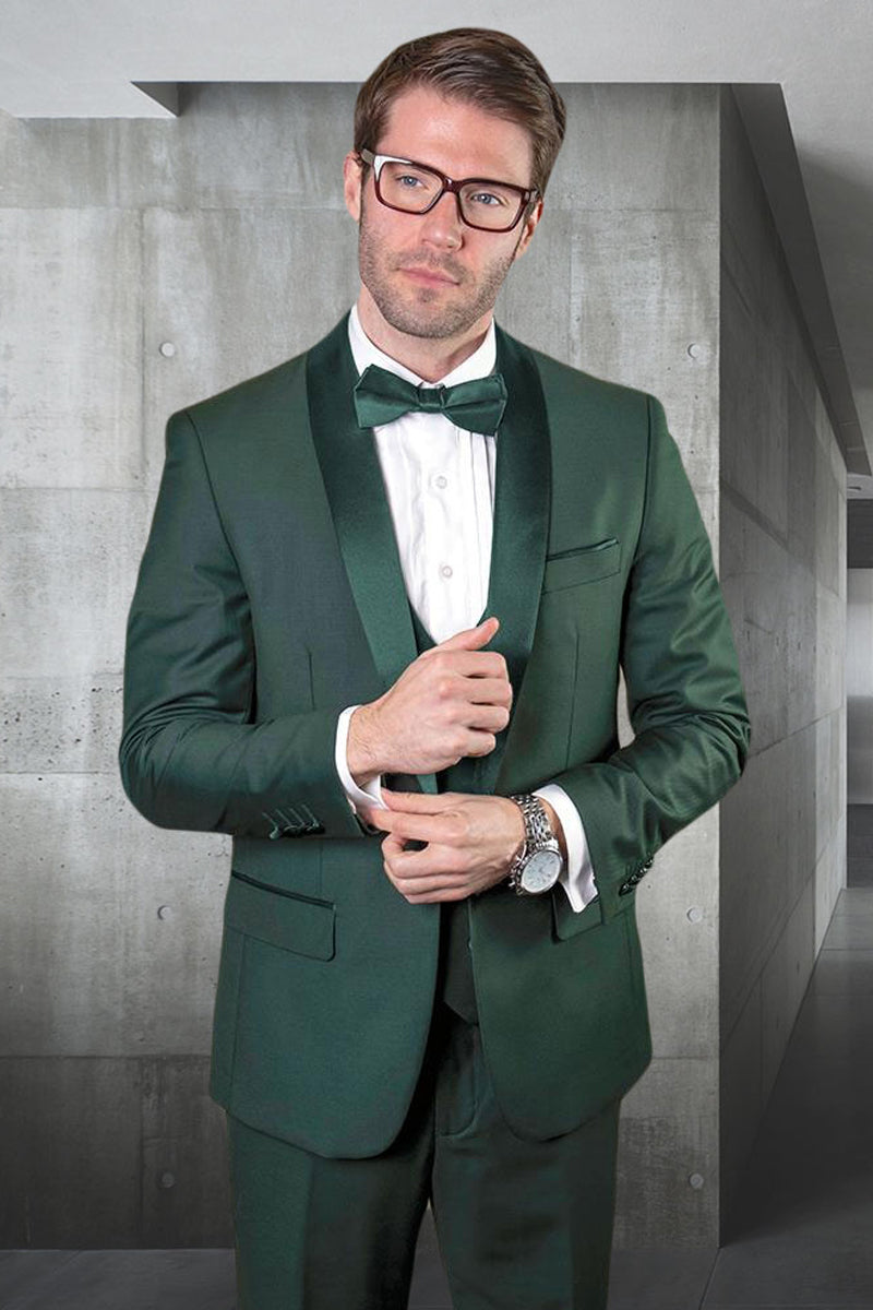 Men's Designer Wool One Button Shawl Lapel Wedding Tuxedo in Hunter Green 