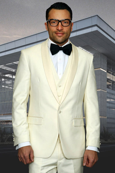 Men's Designer Wool One Button Shawl Lapel Wedding Tuxedo in Off White Ivory