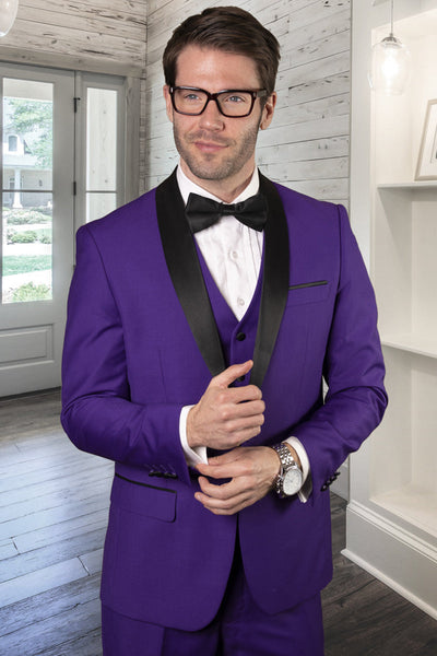 Men's Designer Wool One Button Shawl Lapel Wedding Tuxedo in Purple