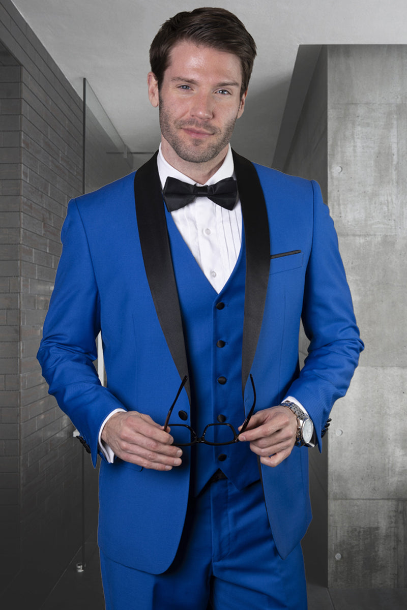 Men's Designer Wool One Button Shawl Lapel Wedding Tuxedo in Royal Blue