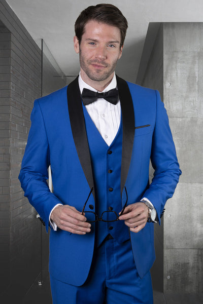 Men's Designer Wool One Button Shawl Lapel Wedding Tuxedo in Royal Blue