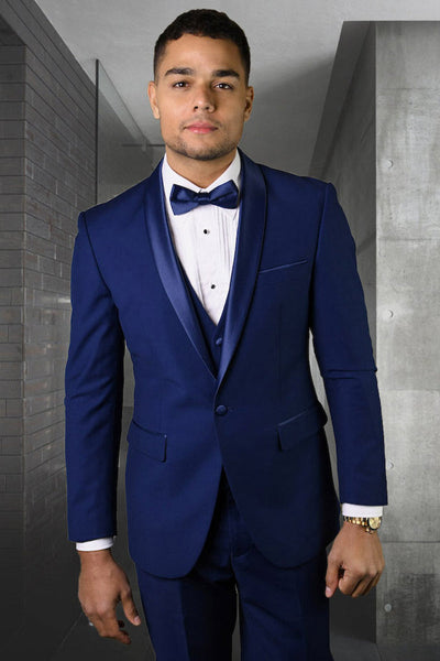 Men's Designer Wool One Button Shawl Lapel Wedding Tuxedo in Sapphire Blue