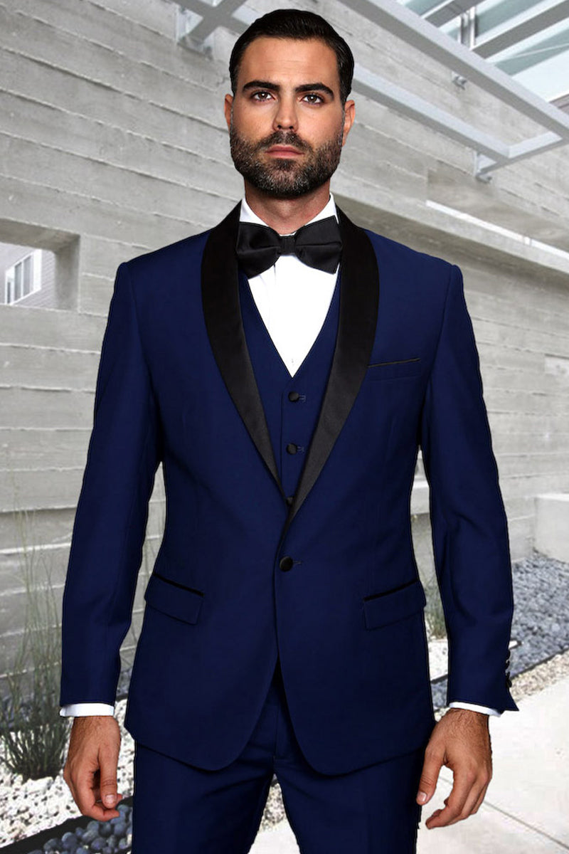 Men's Designer Wool One Button Shawl Lapel Wedding Tuxedo in Sapphire Blue and Black