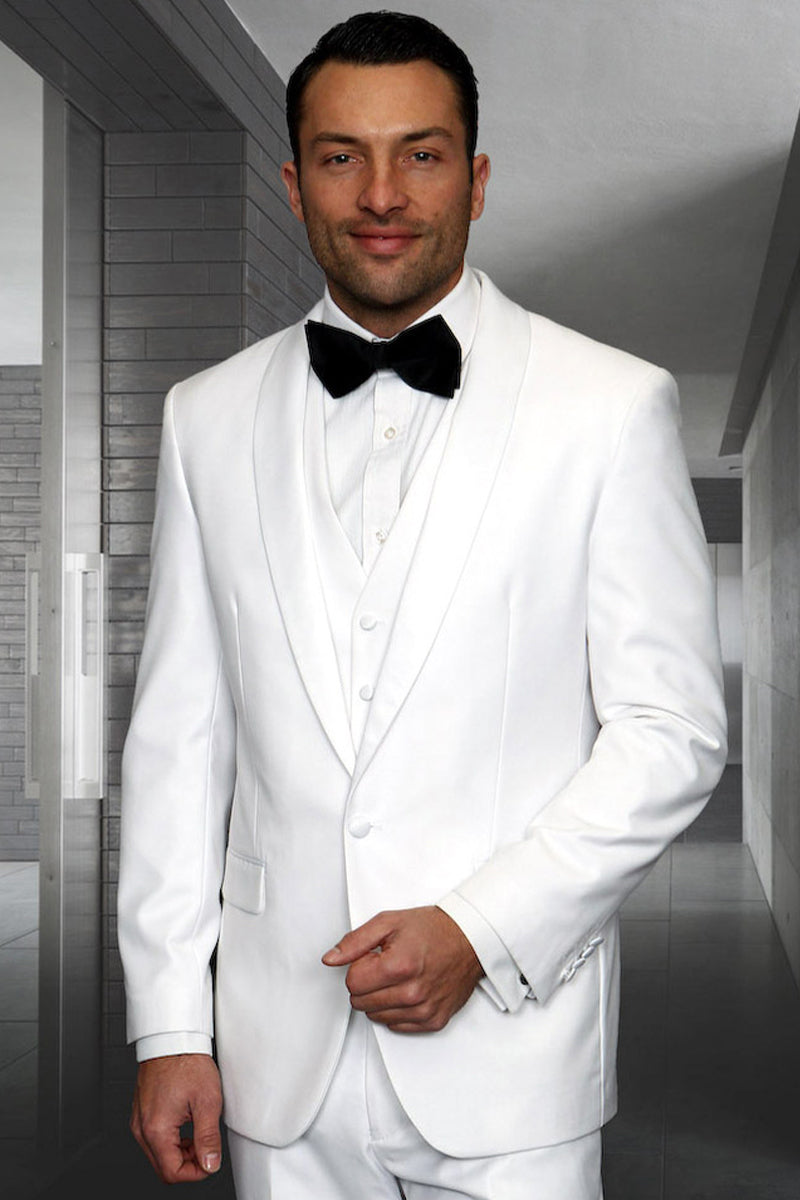 Men's Designer Wool One Button Shawl Lapel Wedding Tuxedo in White