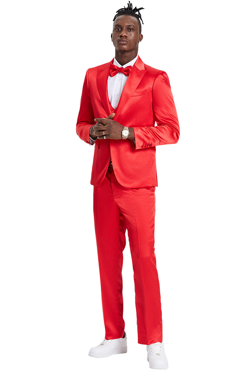 Men's One Button Vested Shiny Satin Sharkskin Prom & Wedding Party Suit in Red