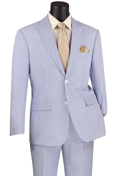 Men's 2PC Summer Seersucker Modern Fit Suit in Navy Blue Pinstripe