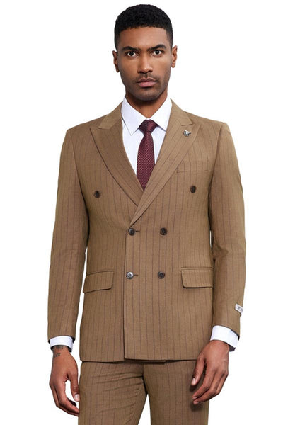Men's Stacy Adams Double Breasted Pinstripe Suit in Camel