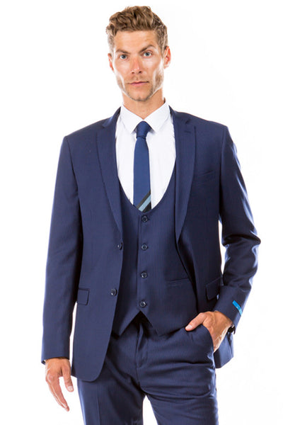 Men's Two Button Vested Hybrid Fit Micro Mini Pinstripe Business Suit in Navy Blue