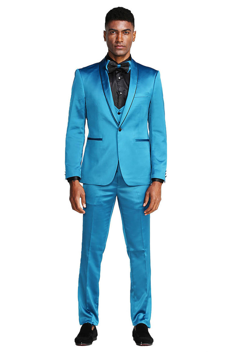 Men's Slim Fit Vested Shiny Satin Prom & Wedding Tuxedo Suit in Turquoise