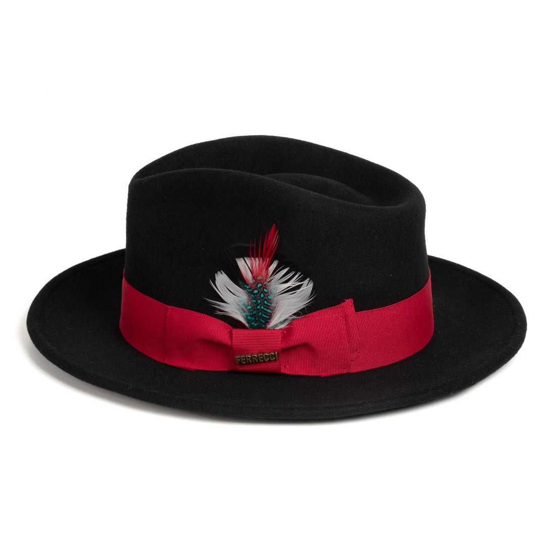 Crushable Black/Red 100% Australian Wool Fedora Hat Small