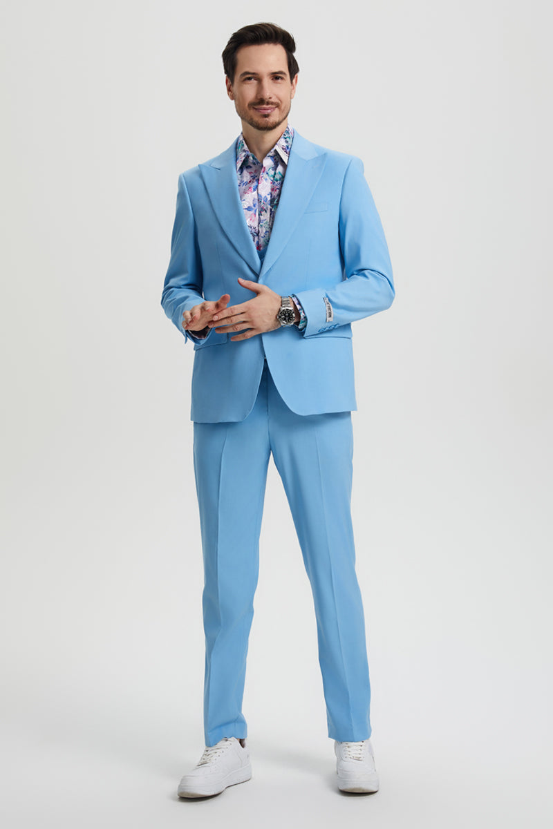 Men's Vested One Button Peak Lapel Stacy Adams Designer Suit in Sky Blue