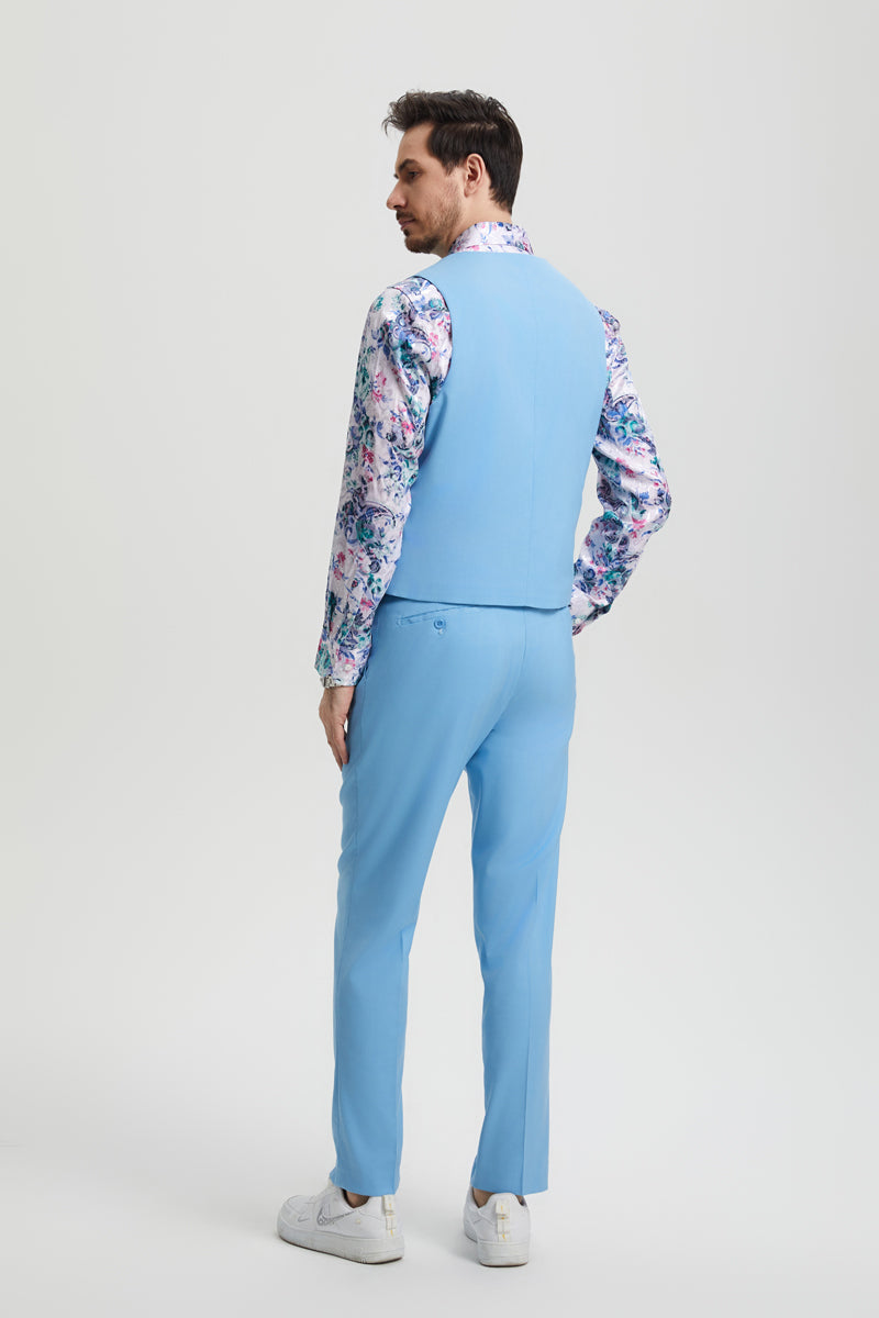 Men's Vested One Button Peak Lapel Stacy Adams Designer Suit in Sky Blue