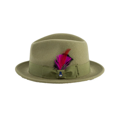 Mens Narrow Brim Crushable Wool Dress Hat Trilby Fedora in Olive Green