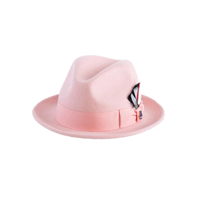 Mens Narrow Brim Crushable Wool Dress Hat Trilby Fedora in Pink